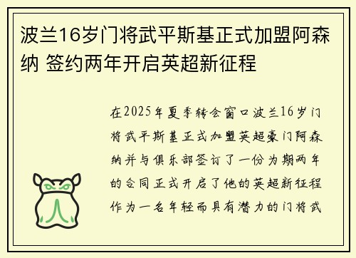 波兰16岁门将武平斯基正式加盟阿森纳 签约两年开启英超新征程